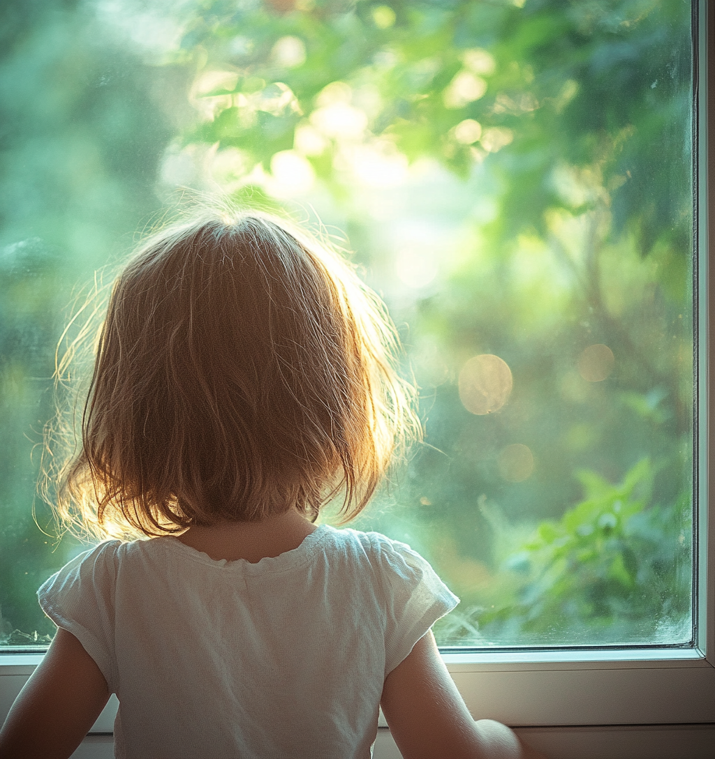 Foto de una niña mirando por una ventana a un mundo limpio